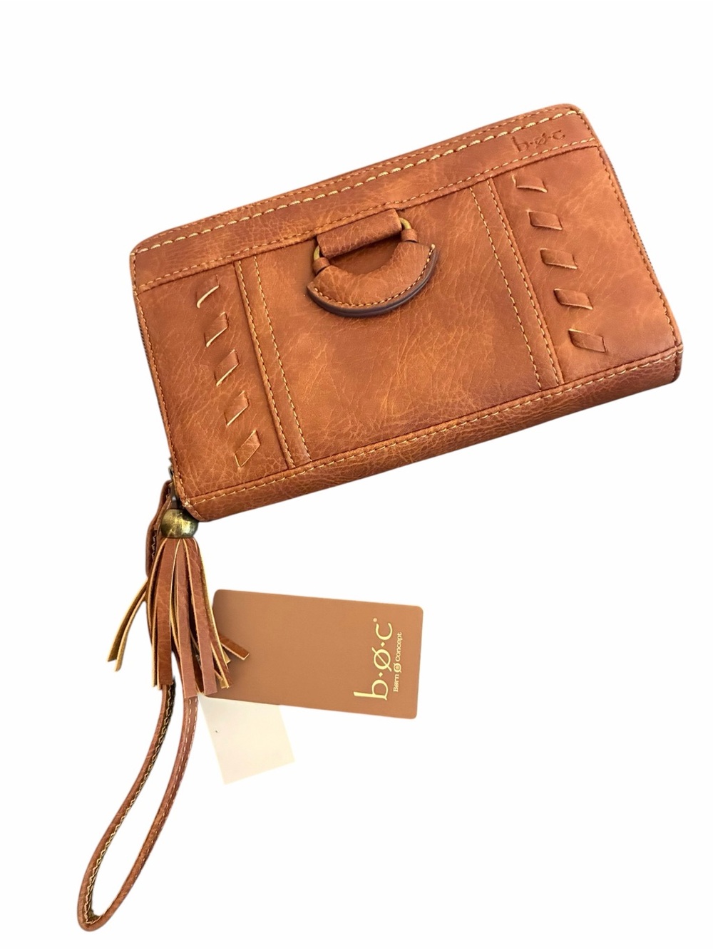 BOC Born Concept Cognac Brown Whipstitch Tassel Zip Around Wristlet Wallet NWT